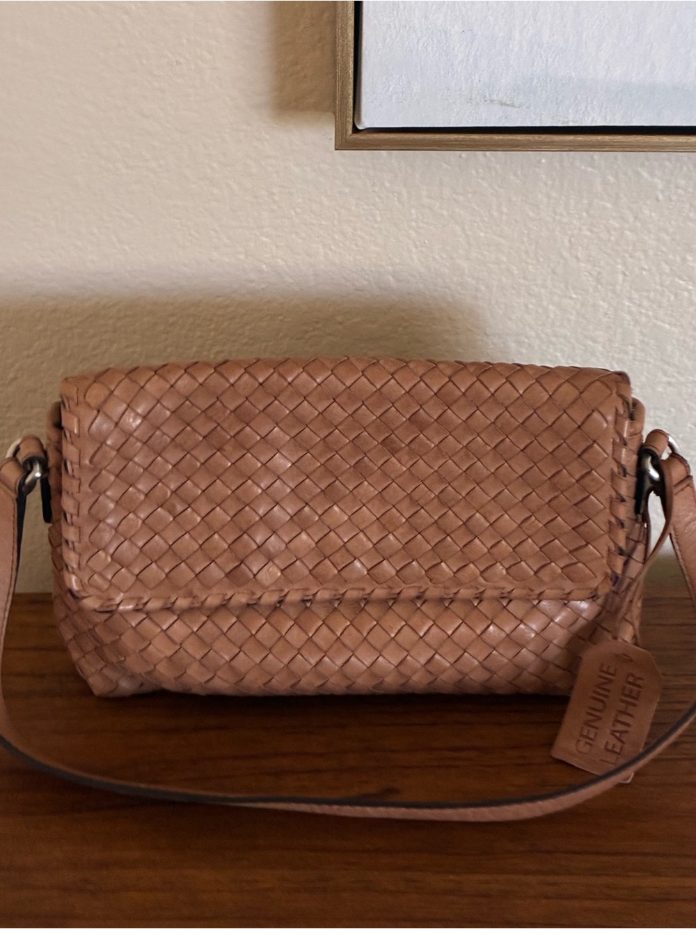 Tan woven Genuine Leather shoulder bag